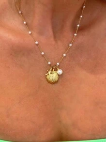 1PC 2025 Summer Starfish Shell Pearl Necklace For Women Men Gold Plated Choker Stainless Steel Jewelry Beach Vacation Gift
