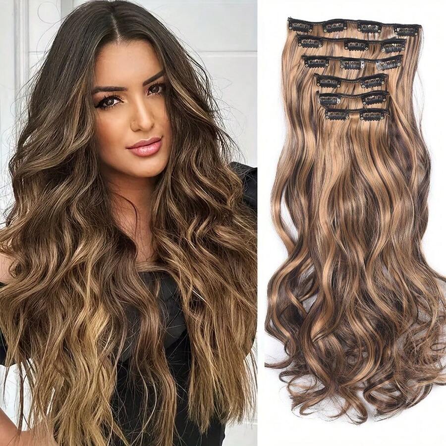 6Pcs/Set Heat Resistant Fiber Clip In Synthetic Hair Extensions 20 Inch Long Straight 16clips Thick Hairpieces Highlight Black Brown Honey Blonde Fiber Natural Black Hair Extensions Suitable For Various Occasions And All Seasons