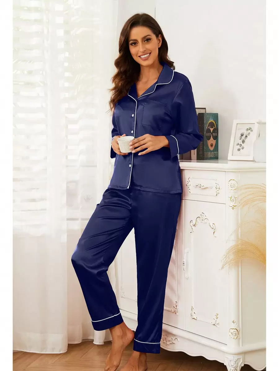 2 Piezas Conjuntos de Pijamas para Mujer de Satén de Seda y Pantalones de Mujer, Pijama de Dos Piezas Pijama con Botones, pijamas de mujer, pijama dama seda, pijamas para pareja, pijama de seda mujer, pijamas familiares, pijamas en satin, pijamas completas