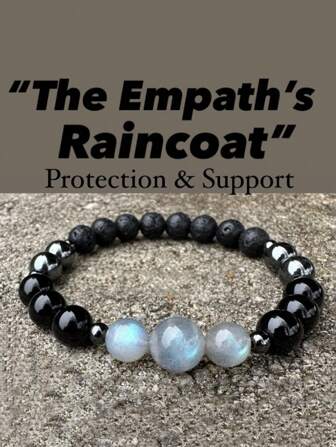 YAUKIA 1pc 8mm Black Tourmaline Obsidian And Moonstone Bead Bracelet, Absorb Negativity " The Empath's Raincoat " Black Tourmaline Gemstones - Crystal Healing Empathy Bracelet