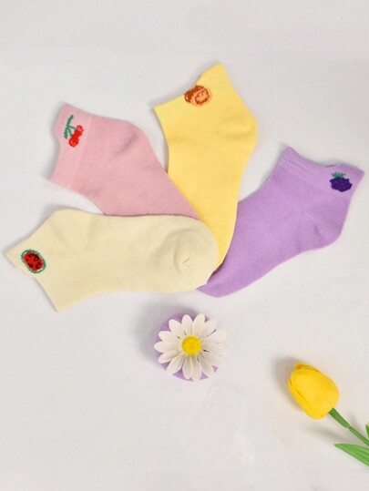 4pairs Fruit Patterned Anti-Skid Floor Socks, Comfortable And Breathable Colorful Basic Short Socks For Kids