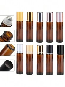10入組10ml琥珀色厚玻璃滾珠瓶(附不銹鋼滾珠)，適用於精油、香水、香薰瓶，旅行可補充瓶 - 棕色 - 查看 2