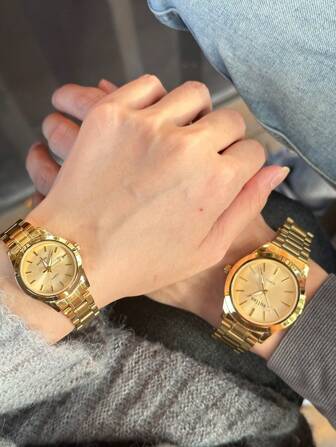 New Ultra-Thin Waterproof Gold Couples Wristwatch - Korean Fashionable, Simple, Elegant, Luxury, Business, Casual, Versatile Steel Strap Quartz Watches, 1 Pair