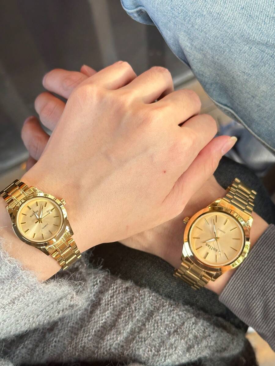 全新超薄防水金色情侣腕表 - 韩国时尚、简约、优雅、奢华、商务、休闲、多功能钢表带石英表，1 对