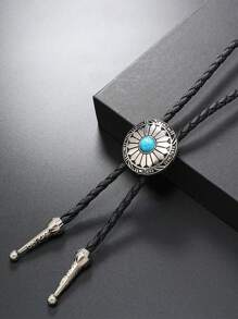 1pc Vintage Turquoise Cross Necklace, European And American Style, Fashion Leather Cord, Non-Fading, Retro Heart Sweater Chain, Gift For Men, Women, Couples - Multicolor - View 9