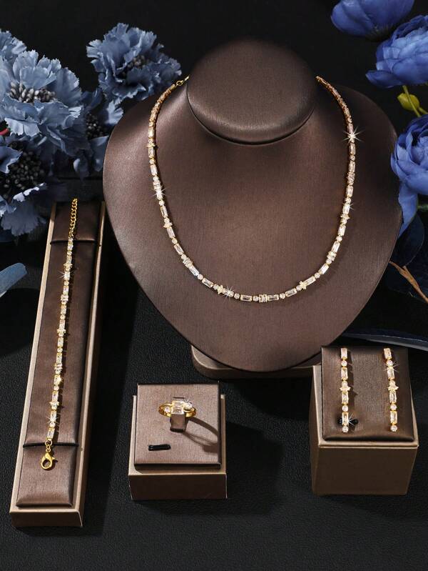 5pcs Luxurious Cubic Zirconia Bridal Wedding Necklace, Ring, Bracelet, Earrings Jewelry Set, Fashionable Matching Accessories