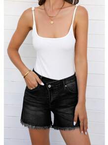 Pantalones Cortos De Mezclilla Elásticos Para Mujer, Shorts en mezclilla de talle alto con botón - Negro - Ver 5