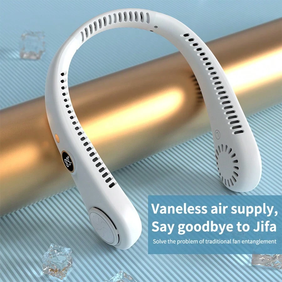 挂脖风扇usb便携式5档可调带数显迷你便携小型懒人挂脖无叶可充电360°可调制冷空调户外学生静音大风力风扇降温神器礼物 - 漸層色 - 查看 1
