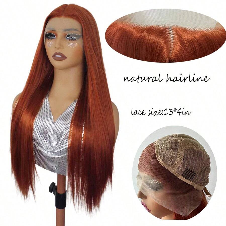 長直130#紅棕色中分合成前綁綁花鬆緊帶假髮，適用於女士