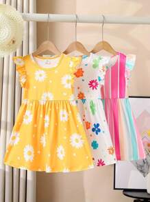 Conjunto de 3 piezas de vestido de manga corta con estampado floral dulce para niña joven, vestido de rayas con cuello redondo y cinturón, para conjuntos casuales de vacaciones lindos para niños - Multicolor - Ver 1