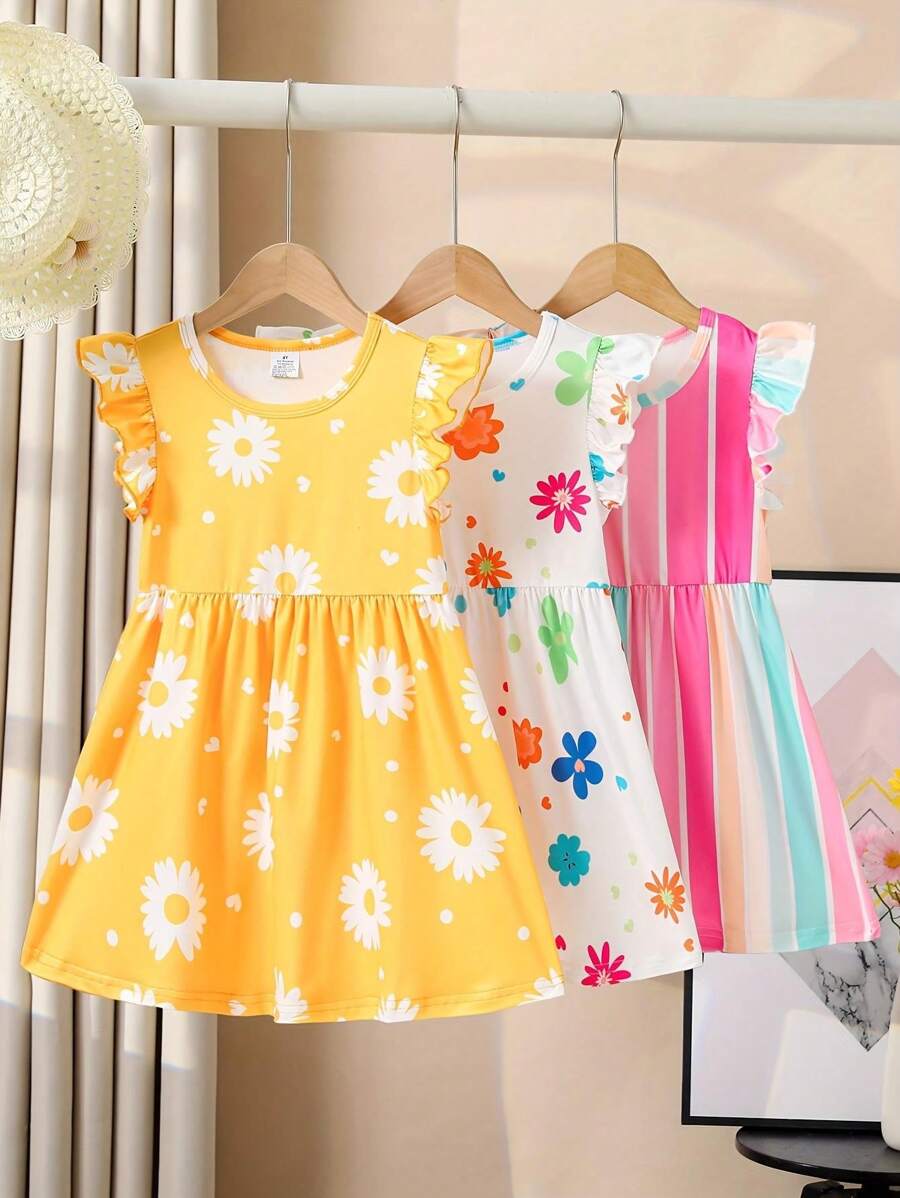 Conjunto de 3 piezas de vestido de manga corta con estampado floral dulce para niña joven, vestido de rayas con cuello redondo y cinturón, para conjuntos casuales de vacaciones lindos para niños - Multicolor - Ver 1