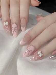 24 peças Unhas de Amêndoa Curtas Brancas Simples Estilo Francês com design de laço + 1 peça de cola Jelly + 1 lixa de unha - Multicolorido - Visão 1