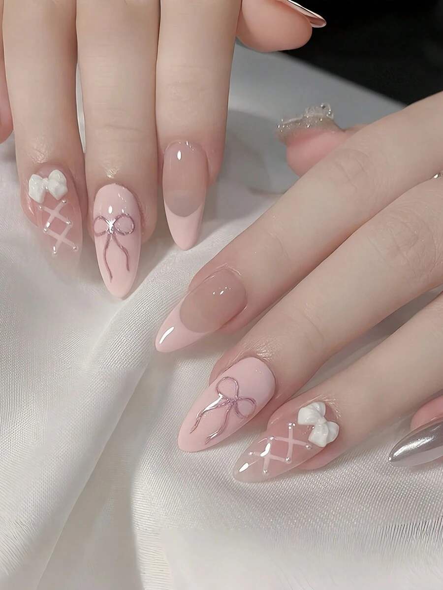 24 peças Unhas de Amêndoa Curtas Brancas Simples Estilo Francês com design de laço + 1 peça de cola Jelly + 1 lixa de unha - Multicolorido - Visão 1
