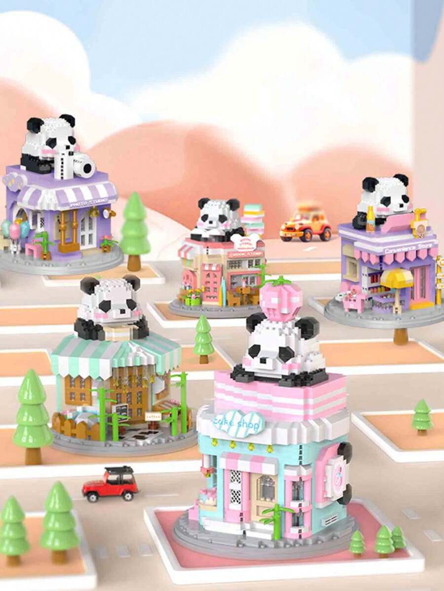 迷你熊猫/熊猫屋拼装积木拼图玩具，智力开发玩具3D拼图人物装饰适合儿童和收藏家，迷你积木桌面装饰，圣诞礼物房间装饰冬季礼物感恩节礼物彩色积木彩色积木