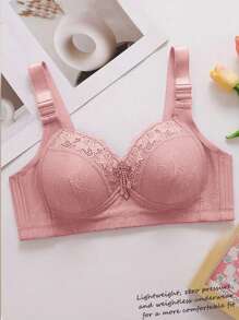 1件装女士花卉蕾丝聚拢文胸，无钢圈舒适文胸，宽侧支撑，性感低背无痕内衣，适合日常穿着 - 粉色 - 查看 8