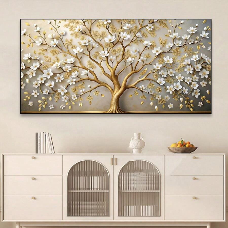 1 件抽象白花金色富饶树植物海报，现代墙壁装饰，帆布画，家居装饰、卧室装饰、房间装饰的理想礼物，无框架，50x100cm/19.68x39.37 英寸