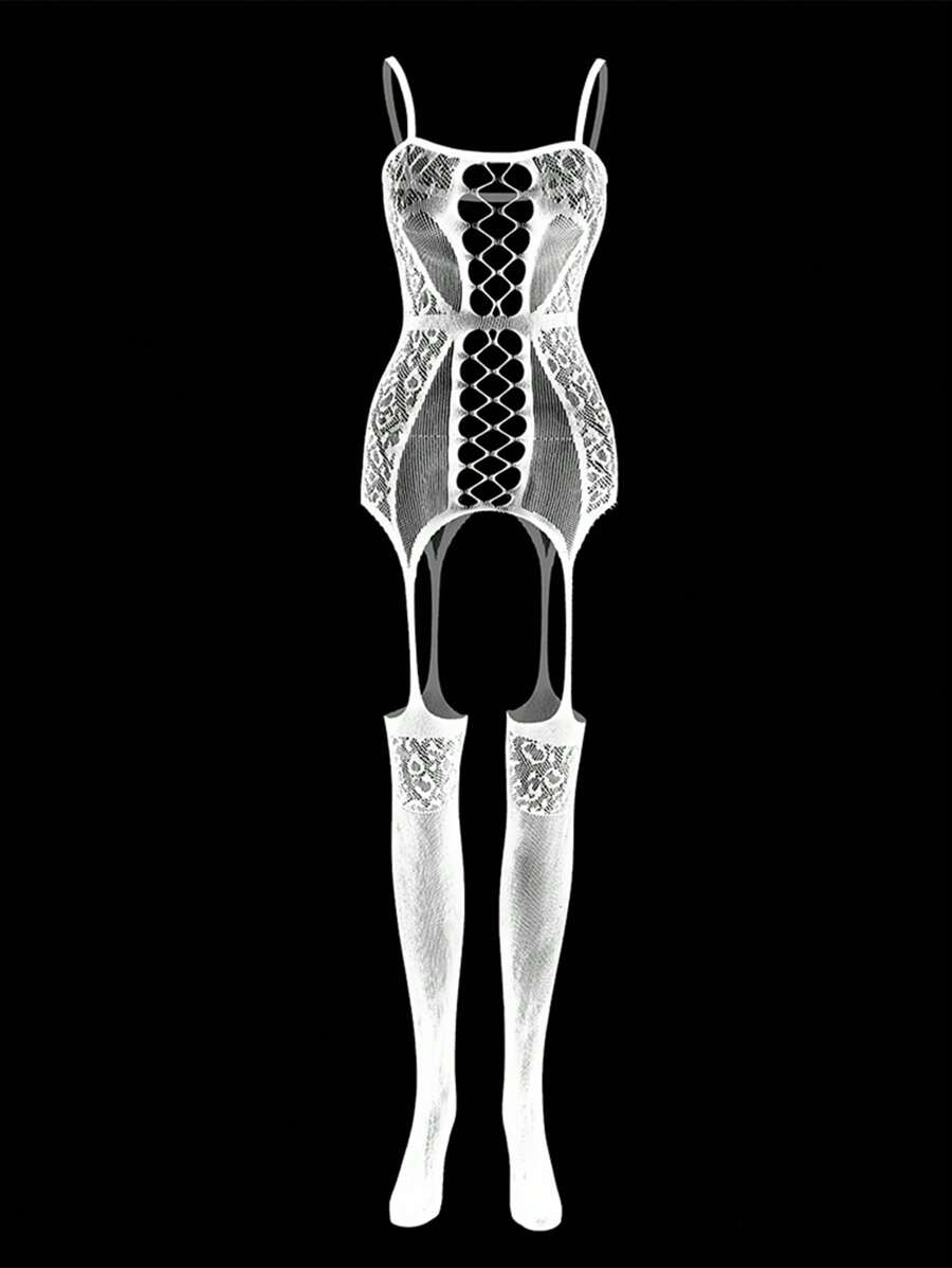 جوارب مشدودة جريئة مع تصميم ممزق، بفتحة خلفية وبودي ستوكينج شفاف غير قابل للانزلاق - أبيض - مشاهدة 1