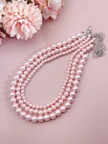 3pcs Stacking Necklace Set, Faux Pearl, Blush & Millennial Pink, Girls/Women - Imitation Pearl Necklace - View 12