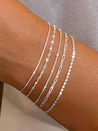 5pcs/Set Elegant Stackable Women Silver Bracelets, Minimalist Jewelry (Bead Quantity Is Random, Fixed Length)
