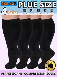 4 Pairs Plus Size Compression Knee High Socks, Wide Calf Extra Large For Men And Women Comfortable Athletic Socks Cycling Hiking Travel Sports - Black - View 1