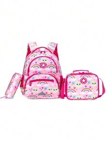 Children's Fashion Backpack 3pcs Set Including Insulated Lunch Box And Pencil Case Adjustable Padded Shoulder Straps For Everyday Use, Camping, Hiking, Traveling, School. This Casual Backpack Set Is The Perfect Gift For Boys And Girls On Back-To-School, Birthday, Festivals - Red - View 1