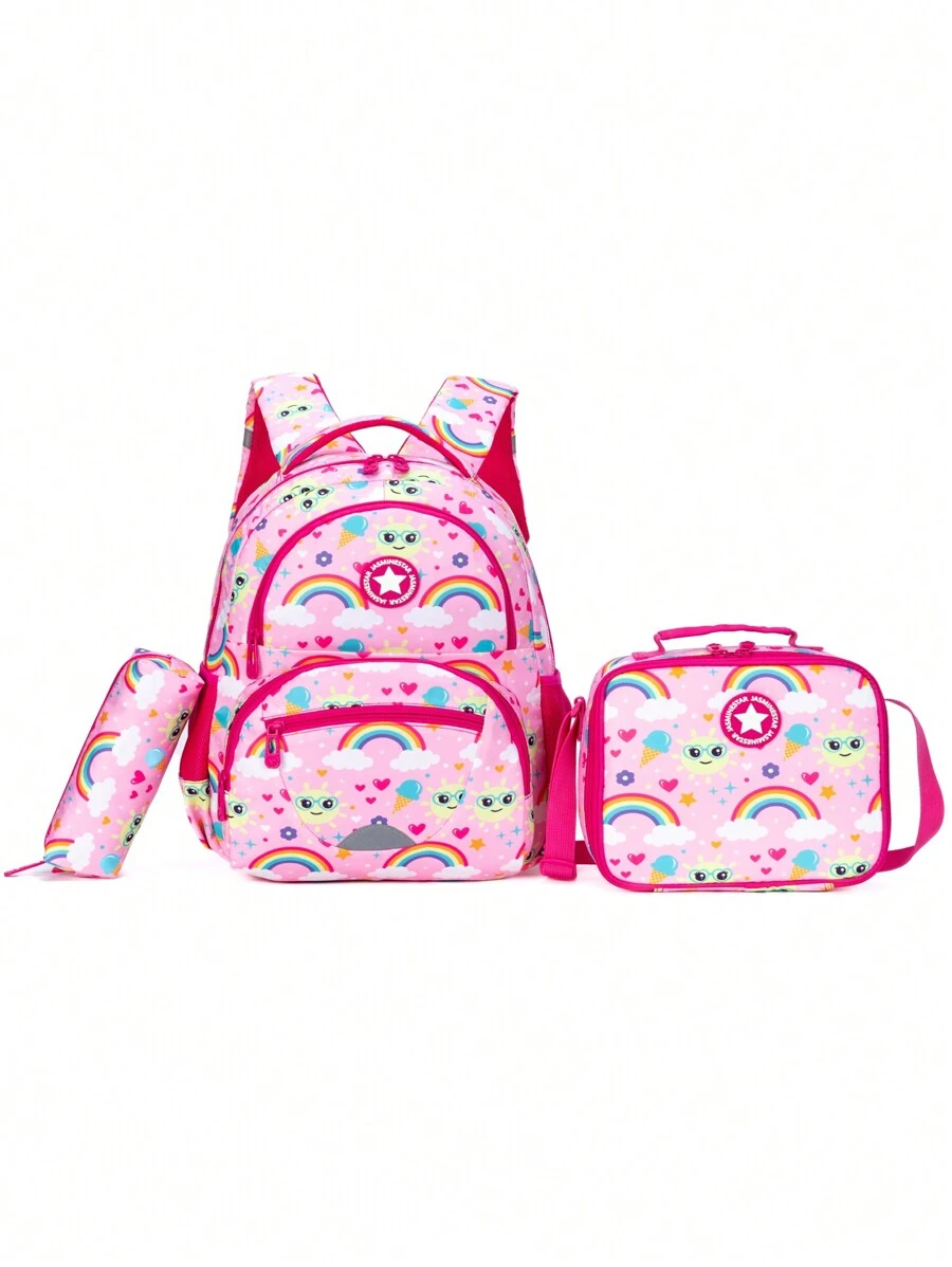 Children's Fashion Backpack 3pcs Set Including Insulated Lunch Box And Pencil Case Adjustable Padded Shoulder Straps For Everyday Use, Camping, Hiking, Traveling, School. This Casual Backpack Set Is The Perfect Gift For Boys And Girls On Back-To-School, Birthday, Festivals - Red - View 1