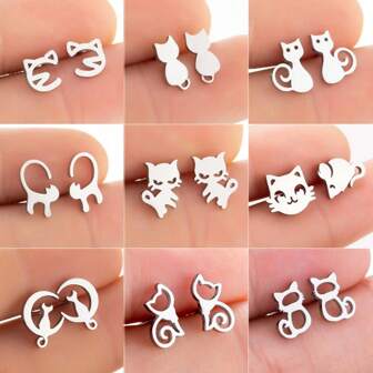 4 Pairs Of Japanese And Korean Minimalist Cute Stainless Steel Small Animal Stud Earrings, French Style, Fashionable Cat And Small Pet Ear Jewelry Earring Set With Four Different Styles