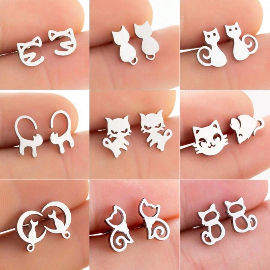4 Pairs Of Japanese And Korean Minimalist Cute Stainless Steel Small Animal Stud Earrings, French Style, Fashionable Cat And Small Pet Ear Jewelry Earring Set With Four Different Styles