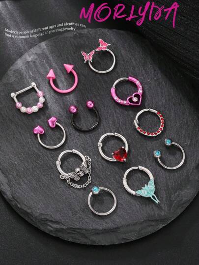 Set de 3 piezas de joyería de septum y nariz estilo Y2K de 16G - Mariposa, Luna, Calavera, Septum Clicker con murciélago, Retén de septum de perla falsa y Anillo de segmento con bisagra de septum, adecuado para perforaciones en la nariz, cartílago de la oreja, hélix, trago, Arete de nariz colgante de 10 mm para mujeres, fiesta, cita, uso diario