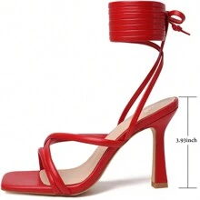 女款紅色涼鞋，繫帶高跟鞋，鑽石尖頭露趾鑽石高跟涼鞋，適用於舞會、派對 - 紅色 - 查看 2