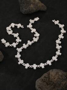 1pc Platinum Plated Religious Hip Hop Iced Out Rapper High Quality Luxury Punk Full Cross Prayer Miami Cuban Chain 20 Inch Gemstone Diamond AAAAA Zirconia Necklace 8 Inch Men Bracelet Jewelry Sets European And American Popular Gorgeous Men Gift - Silver - View 1