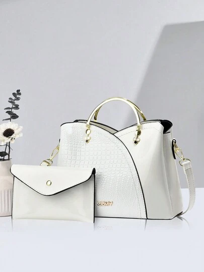 PLANEE 2 Pieces/Set Fashionable Top Handle Shoulder Bag, Elegant Large-Capacity Shoulder Bag, 2024 New Fashion Mother-In-Law Bag, Solid Color Crocodile Pattern Women's Handbag, High-End Glossy Women's Bucket Bag Shoulder Bag, Large-Capacity Crossbody Bag, Fashionable And Atmospheric Mother Bag For Commuting Women Wrapping Mother's Day Gifts, Best Mother's Day Gifts Ever