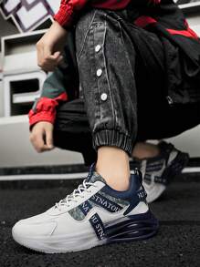 Men's Fashionable Colorblock Sports Shoes, Comfortable Slip-Resistant Casual Lace-Up Shock-Absorption Shoes, Suitable For Outdoor Activities - White and Blue - View 2