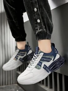 Men's Fashionable Colorblock Sports Shoes, Comfortable Slip-Resistant Casual Lace-Up Shock-Absorption Shoes, Suitable For Outdoor Activities - White and Blue - View 4