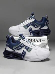 Men's Fashionable Colorblock Sports Shoes, Comfortable Slip-Resistant Casual Lace-Up Shock-Absorption Shoes, Suitable For Outdoor Activities - White and Blue - View 1