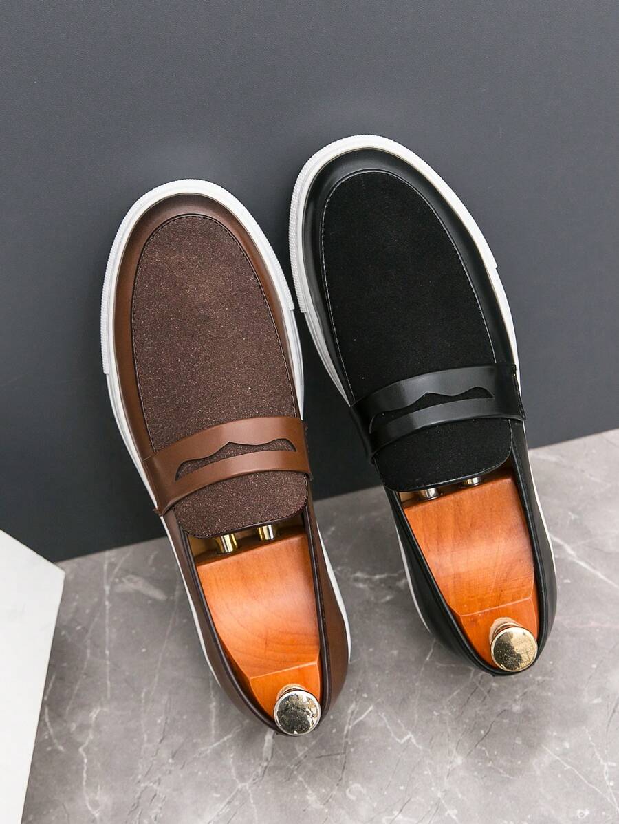 Men's Flat Bottom Splice Sports Style Casual Loafers Dress Shoes, Solid Color - Brown - View 1