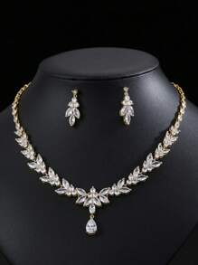 1 Set Of 3pcs Fashionable And Minimalist Cubic Zirconia Necklace Earrings Set For Wedding, Banquet And High-End Jewelry, With Leaf & Water Drop Decoration, Suitable For Women's Festival Wear