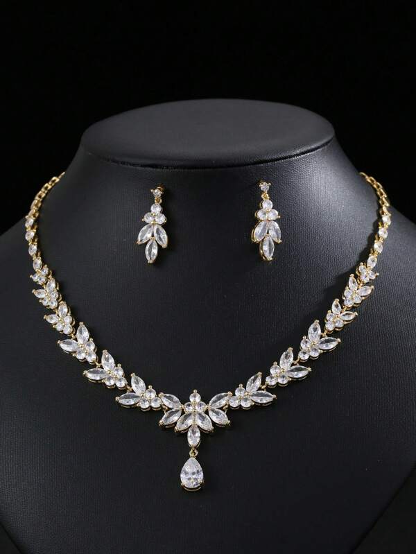 1 Set Of 3pcs Fashionable And Minimalist Cubic Zirconia Necklace Earrings Set For Wedding, Banquet And High-End Jewelry, With Leaf & Water Drop Decoration, Suitable For Women's Festival Wear