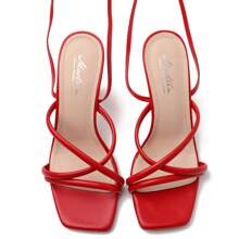 女款紅色涼鞋，繫帶高跟鞋，鑽石尖頭露趾鑽石高跟涼鞋，適用於舞會、派對 - 紅色 - 查看 7