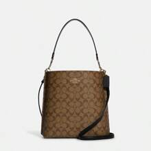 Coach Mollie 标志性帆布水桶包时尚女士简约斜挎包手提包单肩包中号卡其色 X 黑色 CA561 IMCBI - 棕色 - 查看 2