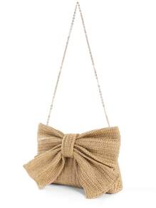 Vacation Style Lady Woven Bag With Large Bowknot Design, Multi-Functional For Handheld, Shoulder, Crossbody, Metal Chain Detachable Valentines, Perfectly Matching With Prom Accessories, Eye-Catching Beach Bag Summer, Fashion Summer Vacation Bag, Beach Essentials Women Bags For Vacation & Holiday, Best Choice Elegant Bag For Bridal Shower, Fashionable Clutch Bags For Woman