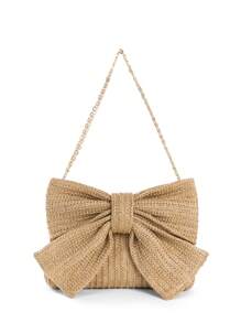 Vacation Style Lady Woven Bag With Large Bowknot Design, Multi-Functional For Handheld, Shoulder, Crossbody, Metal Chain Detachable Valentines, Perfectly Matching With Prom Accessories, Eye-Catching Beach Bag Summer, Fashion Summer Vacation Bag, Beach Essentials Women Bags For Vacation & Holiday, Best Choice Elegant Bag For Bridal Shower, Fashionable Clutch Bags For Woman
