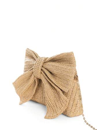 度假风格女士编织包采用大蝴蝶结设计，多功能可手提、单肩、斜挎，金属链可拆卸情人节