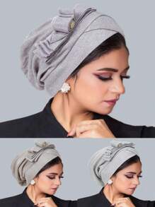 New Muslim-European Style Shiny Silk Pleated Sleeping Hat With Rolled Edge And Flower Headband