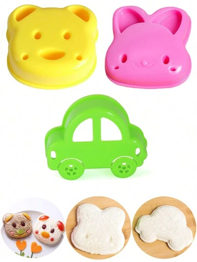 3入組三明治切割模具,卡通熊和兔子和汽車形狀的麵包多士模具,壽司米球製造商