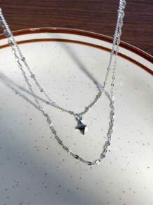 星形裝飾多層項鏈 - 銀色 - 查看 3