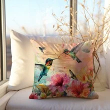 1入組水彩花卉和蜂鳥抱枕套，桃皮材質，單面印刷，45*45CM/18*18inch，適用於現代家居裝飾、派對裝飾 - 彩色 - 查看 5