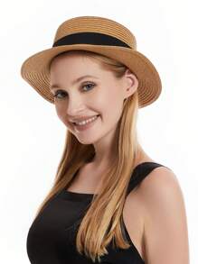 女士草帽可折叠软边沙滩夏季帽子超大编织宽边蝴蝶结蕾丝女士 - A - 查看 2