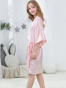 Girls' Comfortable Soft Japanese Style Small V-Neck 3/4 Sleeve Solid Color With Belt Knee-Length Nightgown, Loungewear, Morning Robe - Baby Pink - View 7
