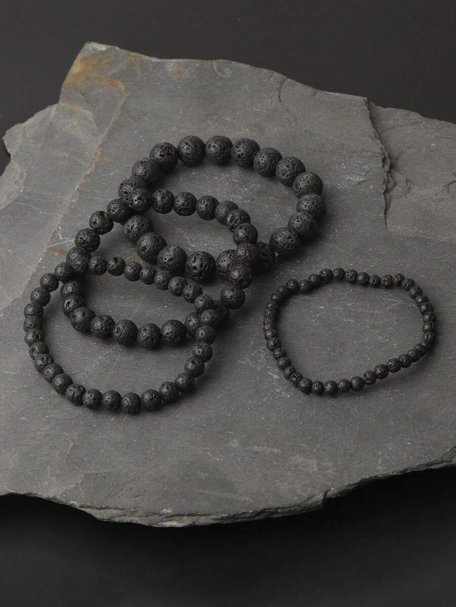 1件男士熔岩手链，象征保护与力量、接地气，黑色火山岩手链，能量疗愈瑜伽冥想饰品，男女通用 - 黑色 - 查看 1